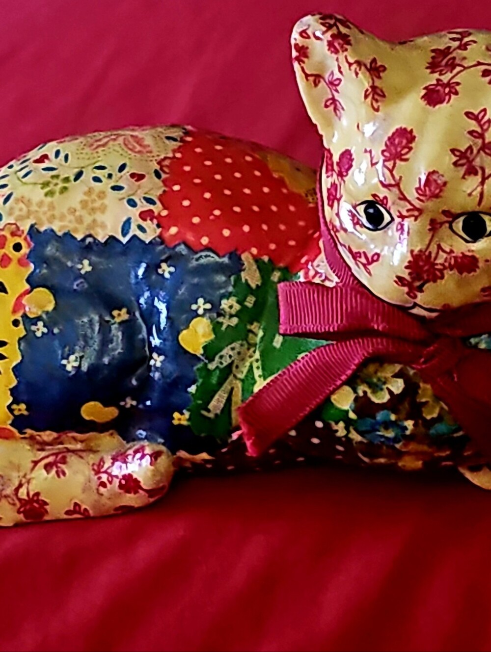 70s Patchwork Floral Decorative Sitting Cat Figurine